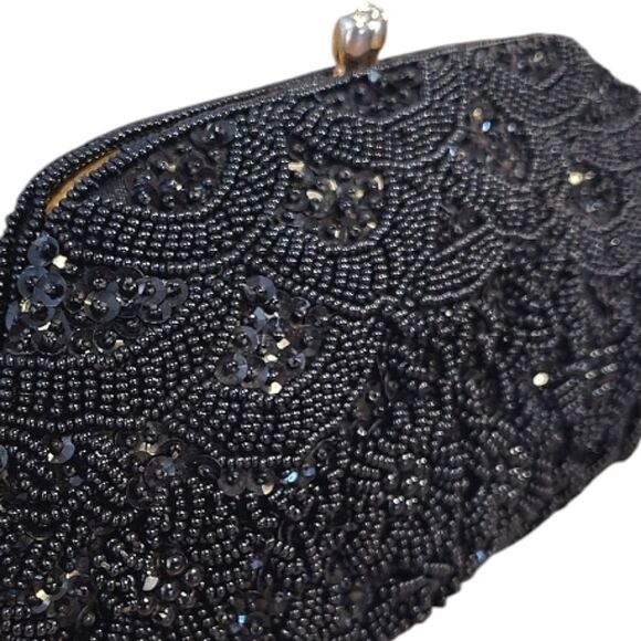 VTG 50s 60s Black Handmade Hong Kong Beaded Sequins Kiss Lock Clutch - Picture 2 of 16